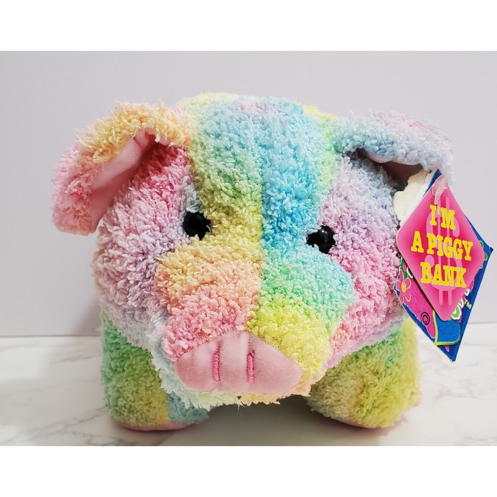 DanDee Plush Piggy Bank Rainbow 11" Jumbo Soft Multicolor Terry Twist Open Lock